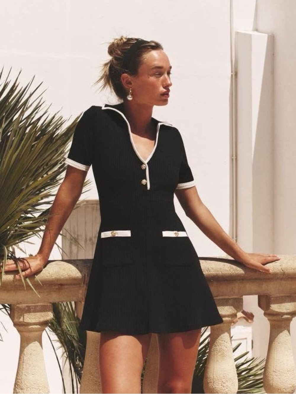 Zara Black Knit Polo Mini Dress with White Trim